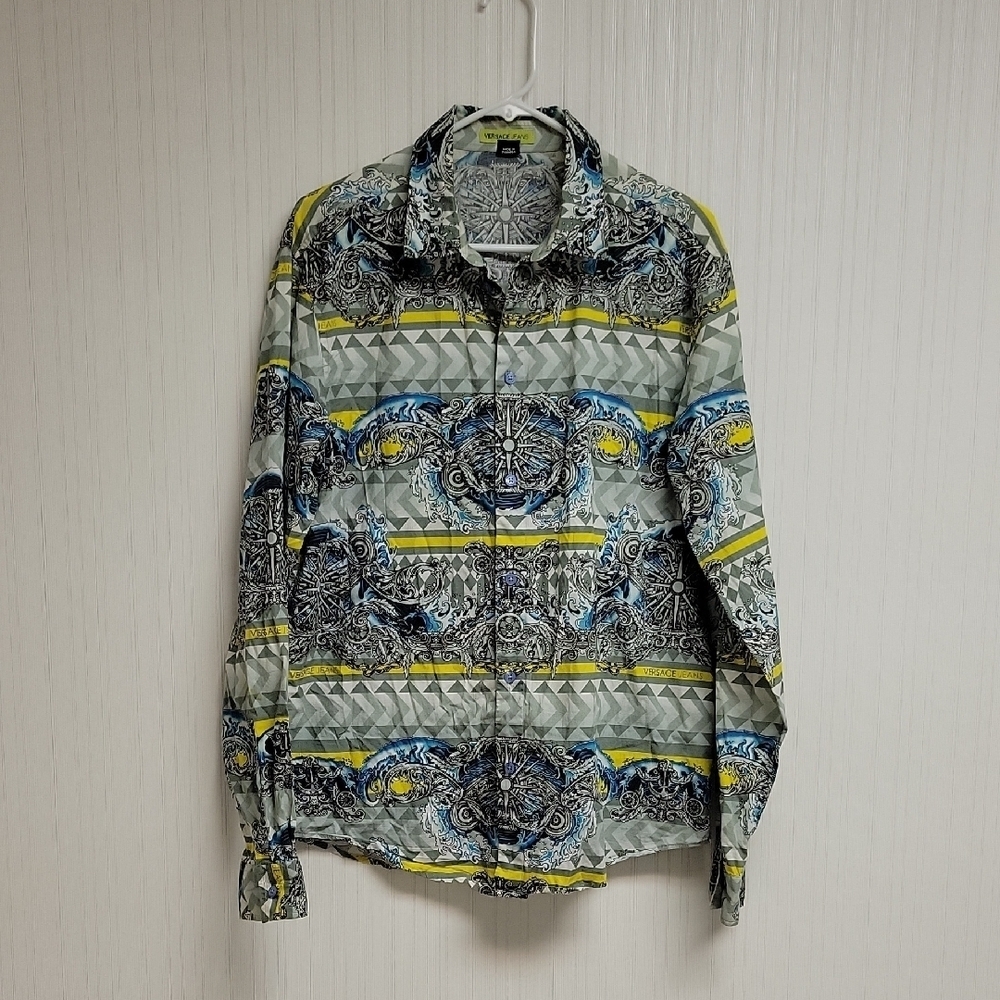 Versace Jeans Blue & Gray Patterned Shirt Men's Large designer